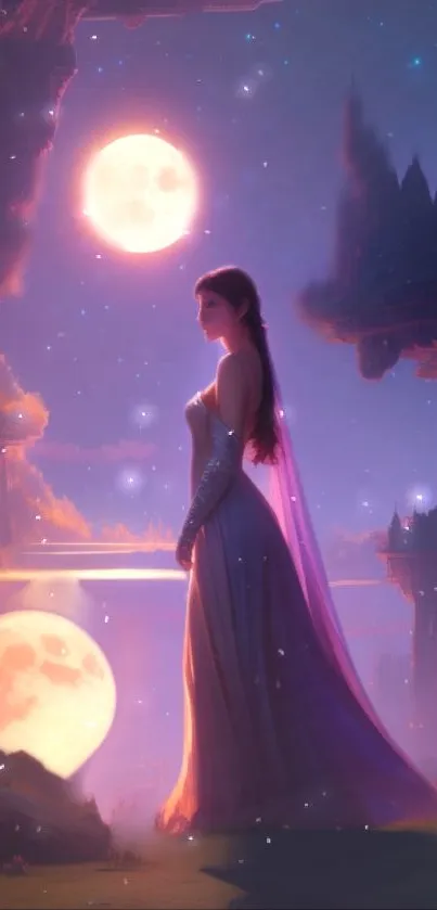 Fairy princess under a mystical moonlit sky, creating a fantasy world.