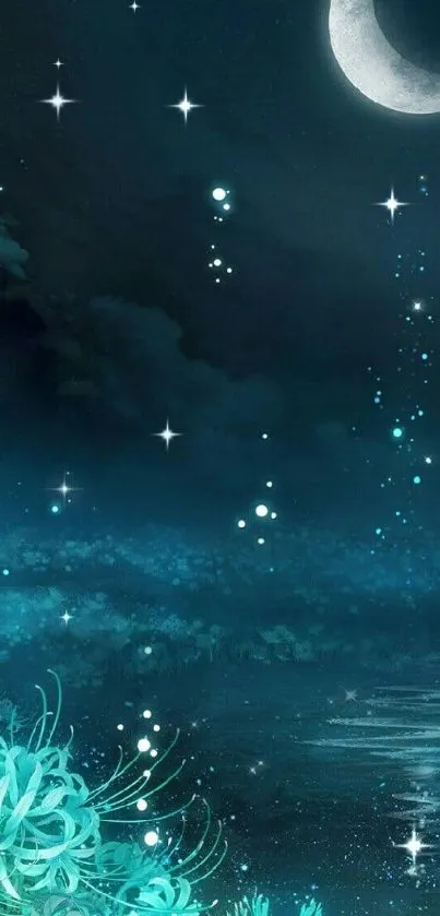 Enchanting teal moonlit night wallpaper with stars and tranquil scenery.