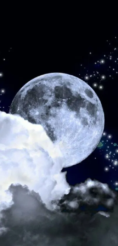 Mystical moonlit night wallpaper featuring stars and clouds.