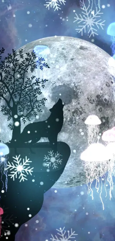 Mystical wolf howling under the moon with glowing jellyfish and snowflakes.