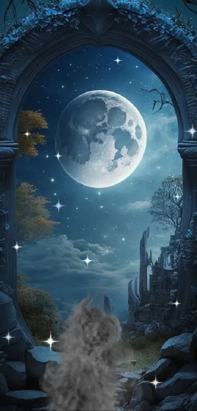 Mystical moonlit sky through an ornate archway over a tranquil landscape.