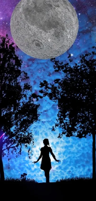 Mobile wallpaper with a moonlit night and silhouette design.