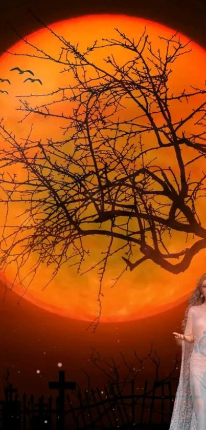 Ethereal figure under vibrant orange full moon with silhouette tree branches.