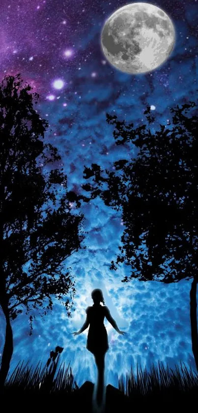 Silhouette under a starry, moonlit sky with trees and vibrant blue tones.