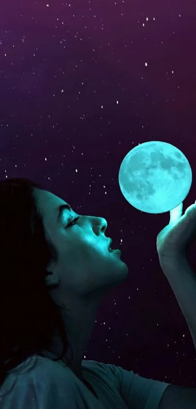 Woman holds a luminous moon under a starry night sky wallpaper.