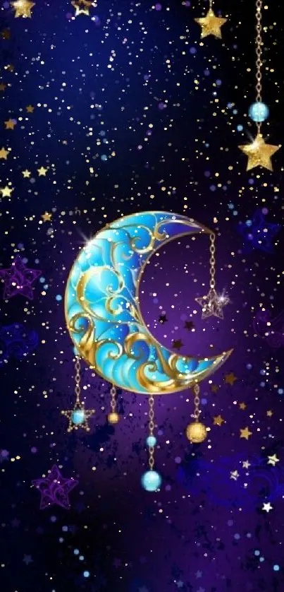 Golden crescent moon and stars on a midnight blue background.