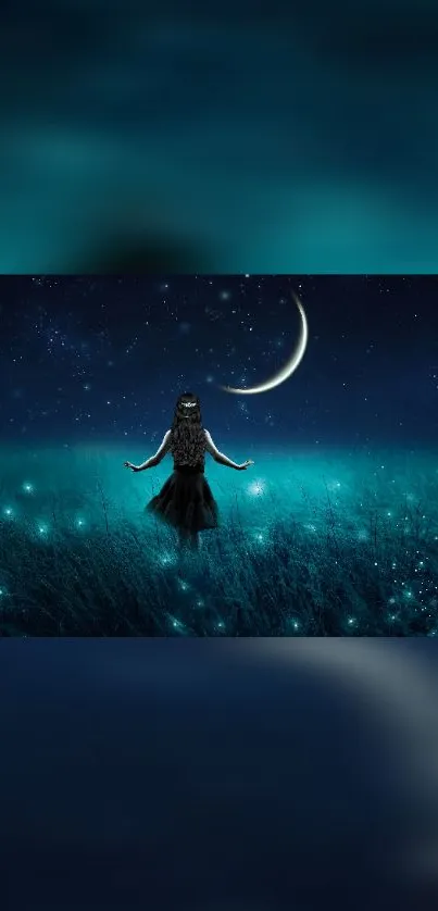 Mystical girl stands in moonlit teal meadow with a crescent moon above.