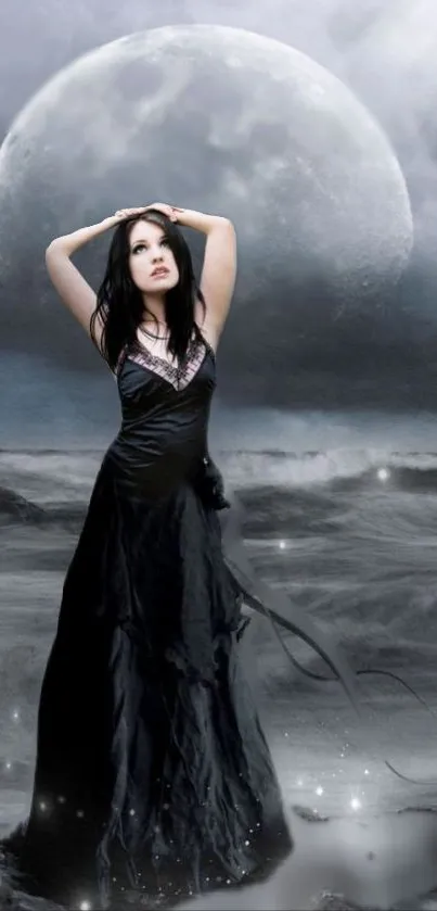 Mystical gothic scene with moonlight and ocean, featuring a woman in a black dress.