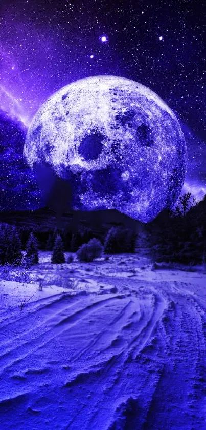 Luminous full moon above snowy landscape under a starry sky in purple hues.