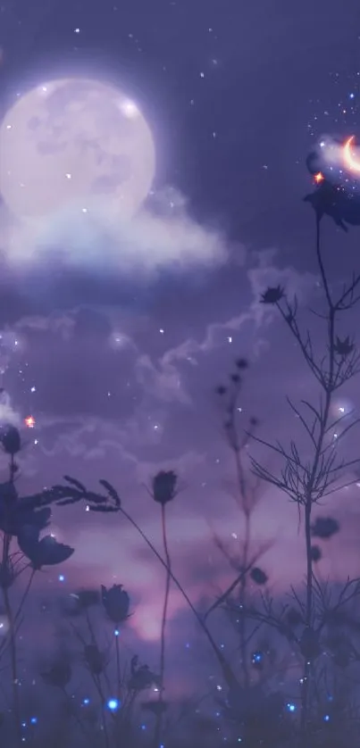 Mystical nightscape with moon, glowing flowers, and a dark blue sky.