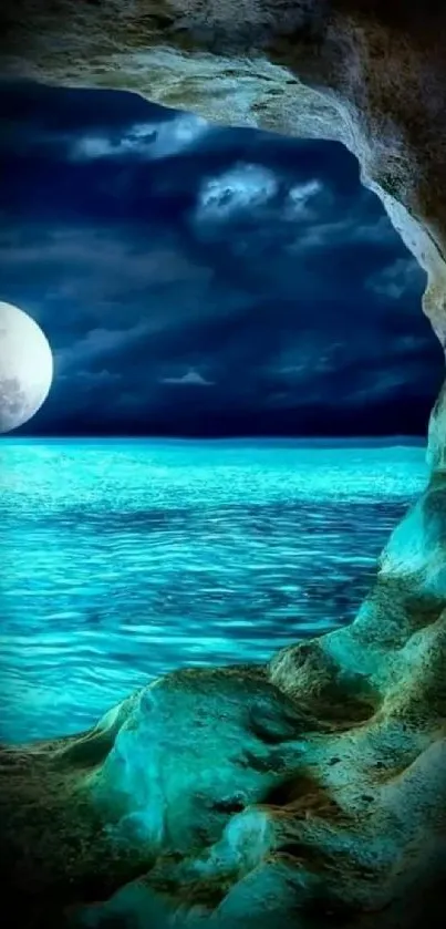 Moonlit ocean cave with tranquil teal waters and cloudy night sky.