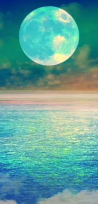 Mystical scene with moonlit ocean and dreamy clouds.