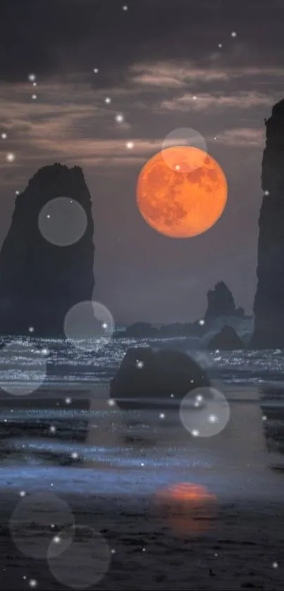 Orange moon over ocean with rock silhouettes and bokeh effect.