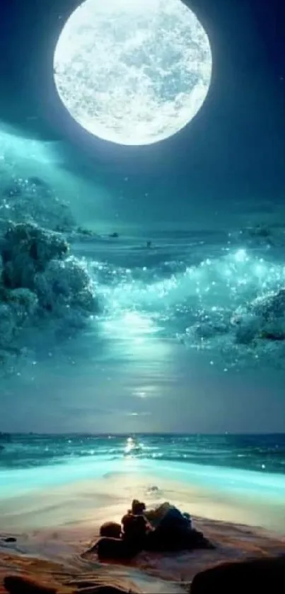 Mystical moonlit ocean with glowing reflections and a serene, starry night sky.