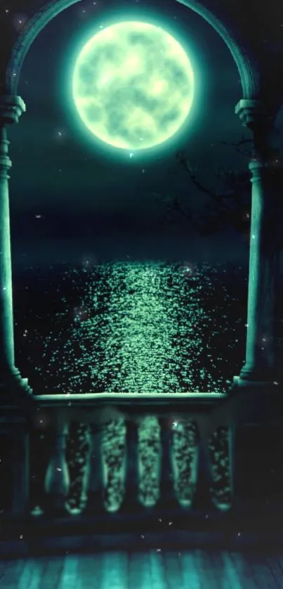 Moonlit ocean view with a glowing moon and serene balcony at night.