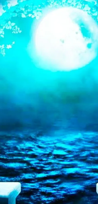 Mystical ocean wallpaper with full moon and blue tones.