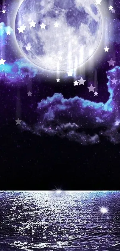 Mystical wallpaper featuring a moonlit ocean under a starry night sky.