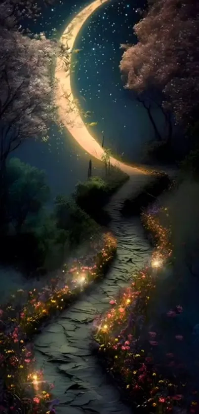 Mystical path under a crescent moon with glowing flowers at night.