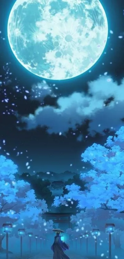 Serene night scene with moonlit path and blue trees.