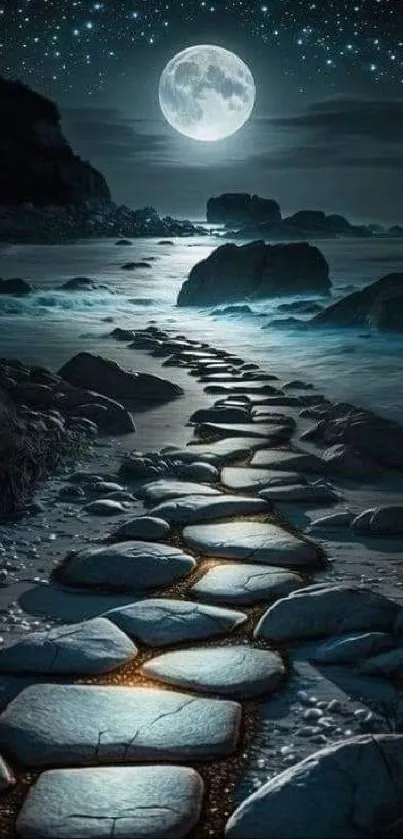 A moonlit path through rocky shoreline under a starry night sky.