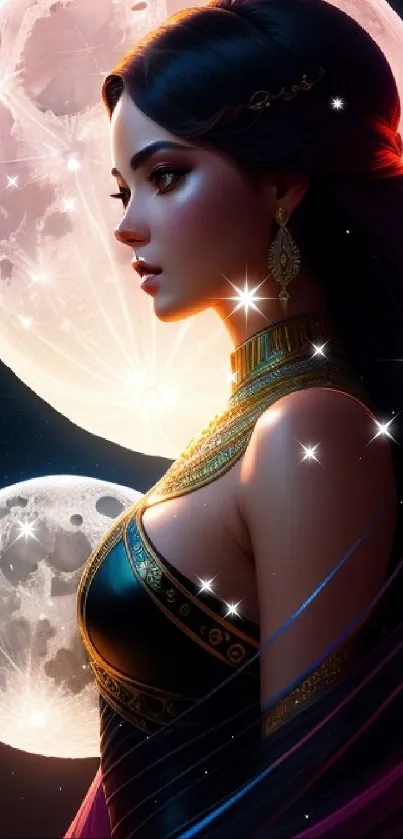 Ethereal woman with moons in the background, vibrant and mystical.