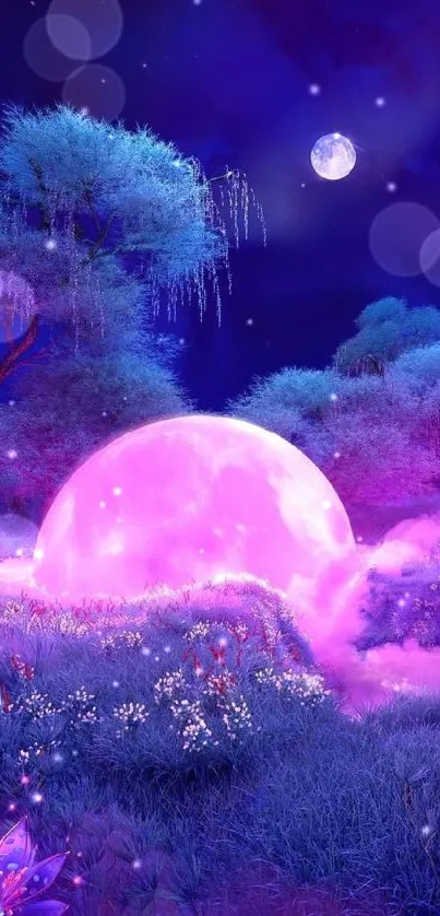 Mystical purple forest with glowing moonlight and lush trees in a fantasy theme.