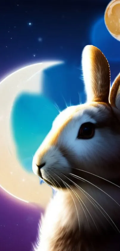 Vivid artwork of a rabbit under a moonlit sky with celestial elements.