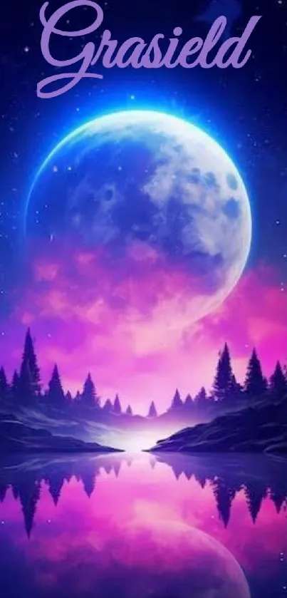 Mystical scene with moon, lake, and trees in vibrant purple hues.