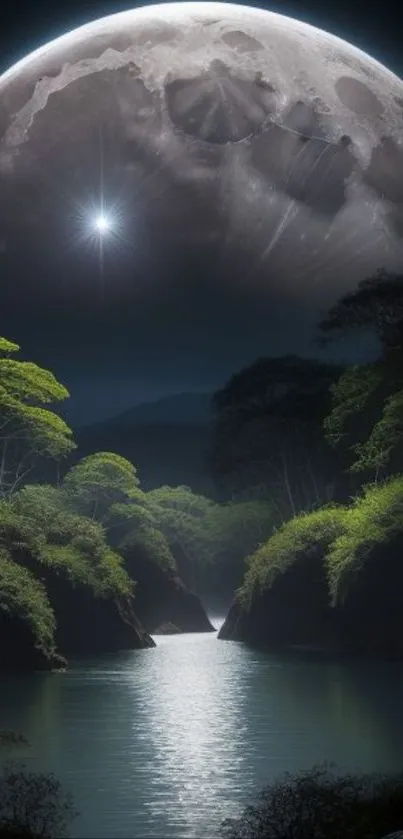 River with moonlit glow and lush foliage scenery.