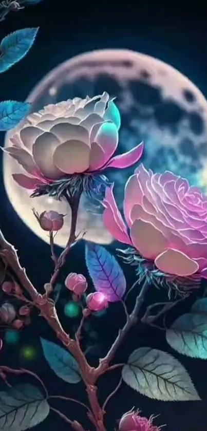 Mystical roses under a full moon night.