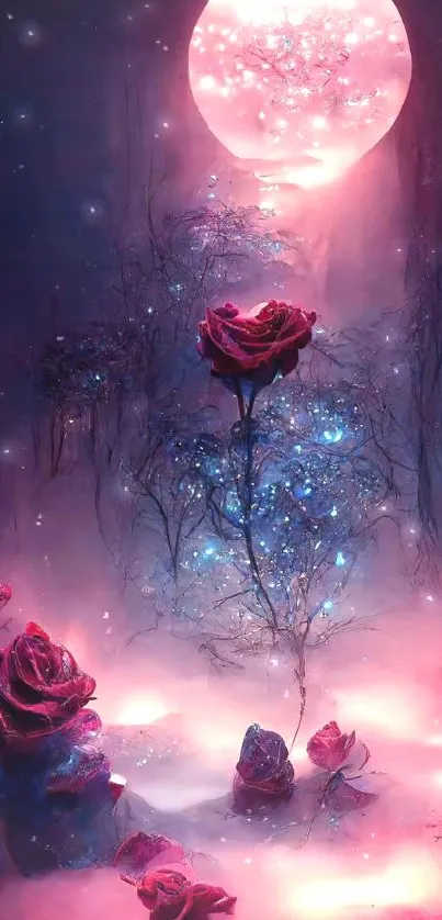 Mystical roses under a full moon with a dreamy, glowing ambiance.