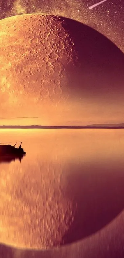 Sailboat on moonlit waters with large moon and dreamy sky reflection.