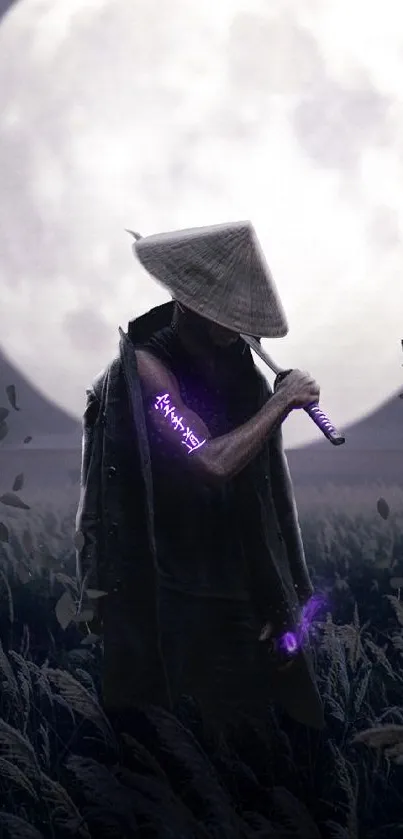 Lone samurai in rice field under moonlight, with mystical purple glow.