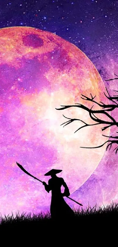 Samurai silhouette beneath vibrant purple moon with cosmic sky.