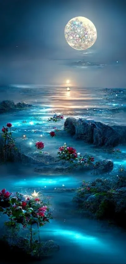 Mystical ocean with moon and glowing waves.