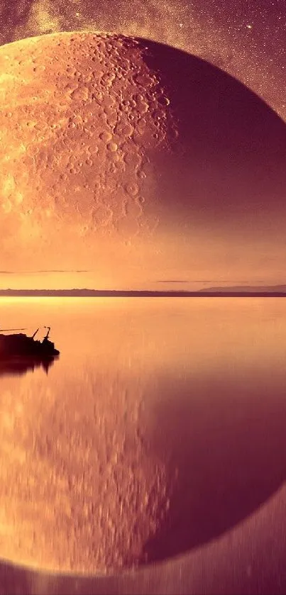 Surreal moonlit sailboat reflection over calm, purple-hued waters with tree silhouette.