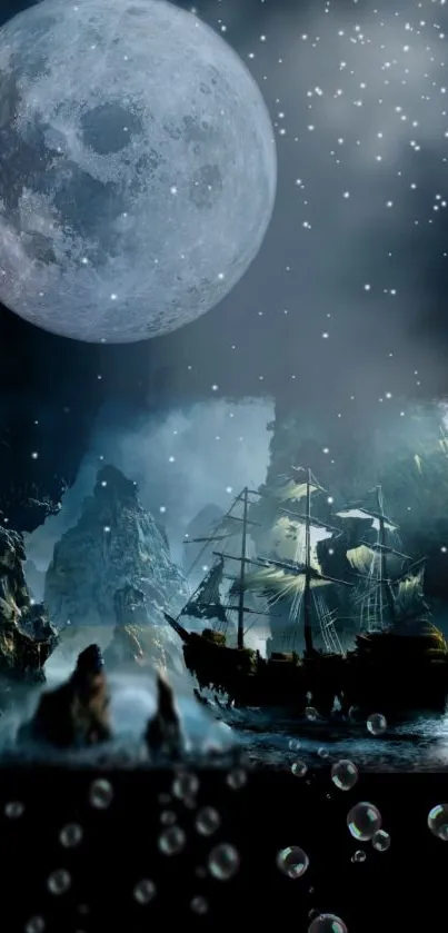 A ship sails under a bright full moon with stars in a mystical, nighttime scene.