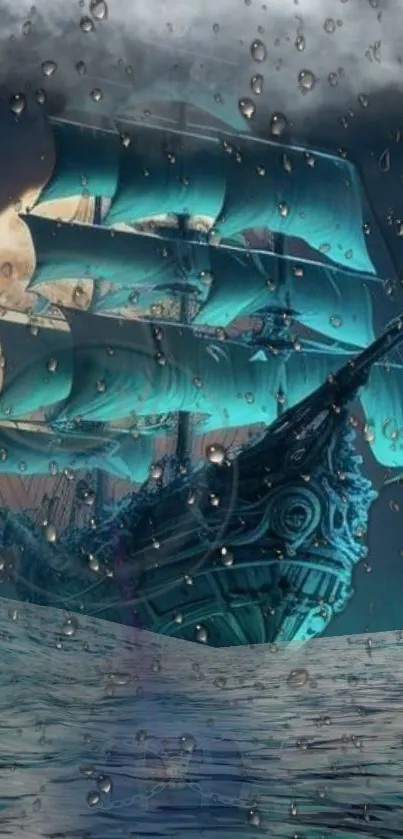 A turquoise ship sails under a moonlit sky with raindrops visible.