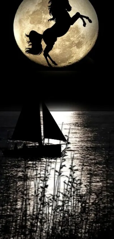 Silhouetted unicorn and sailboat in moonlight wallpaper.