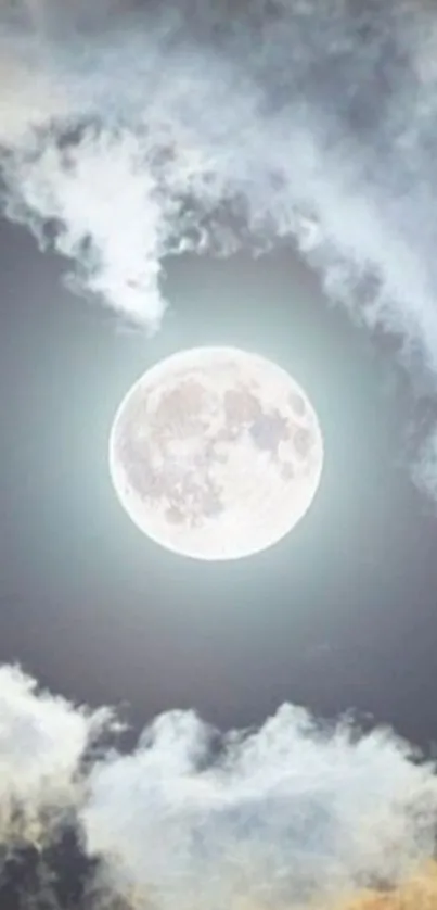 Full moon in a cloud-filled night sky, soothing and mystical.