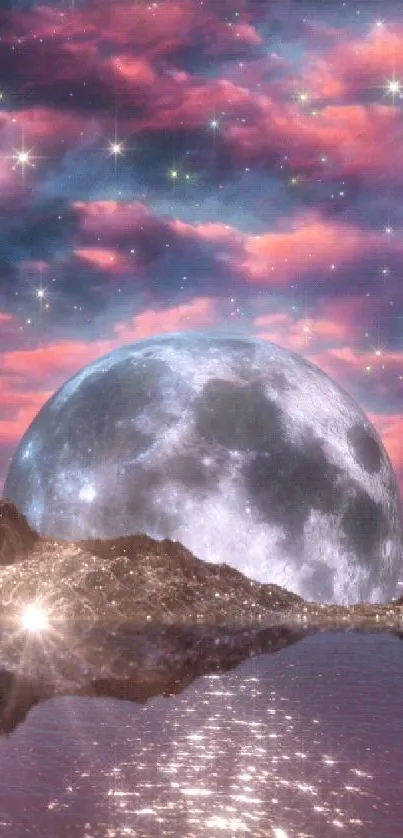 Mystical moonlit landscape with glowing moon and pink clouds.