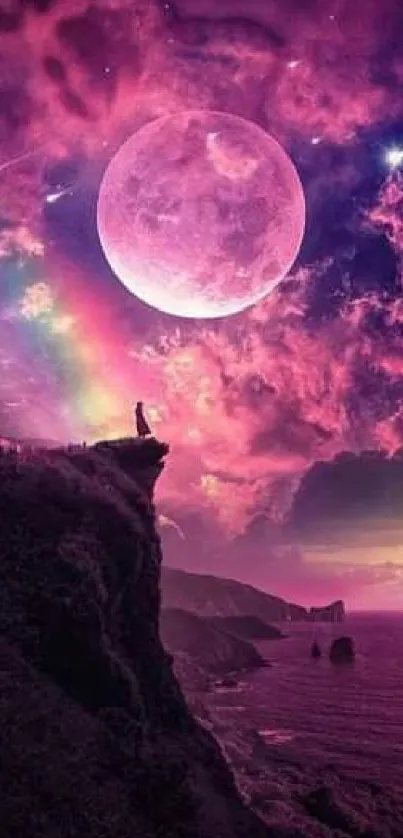 Pink moon over a dramatic cliff with colorful sky.