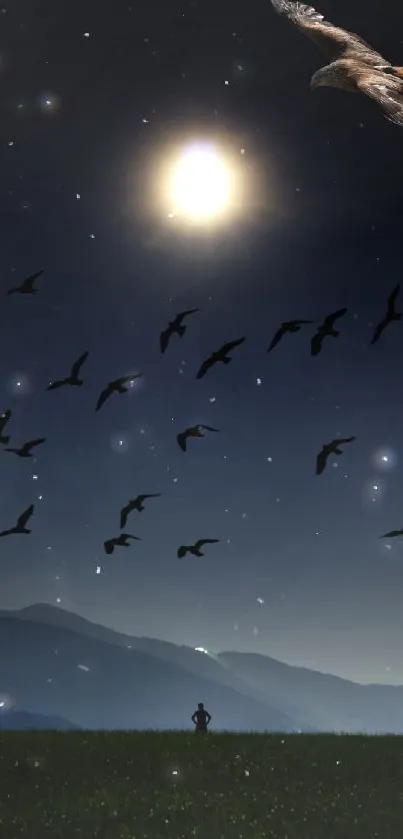 Mystical night sky with moon and birds.