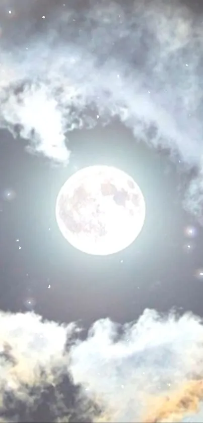 Full moon surrounded by clouds and stars in a serene night sky.