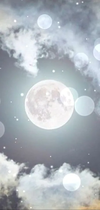 A mystical moonlit sky with clouds and celestial lights in a calming wallpaper design.