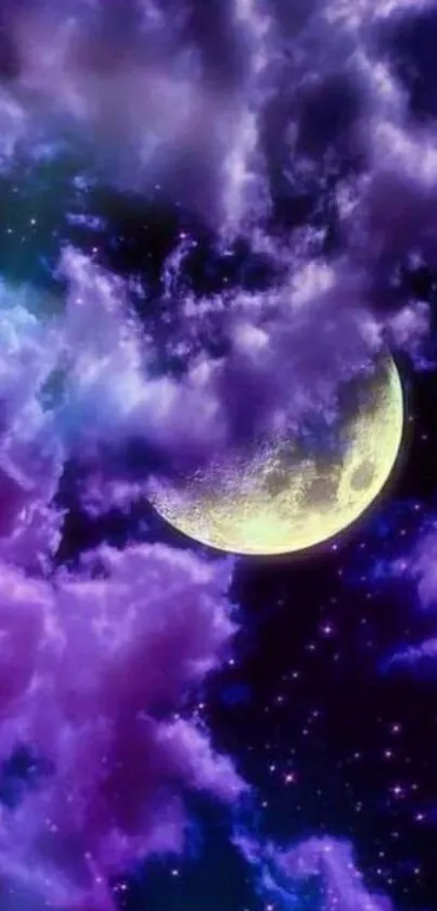 Mystical wallpaper with purple clouds and a glowing crescent moon.