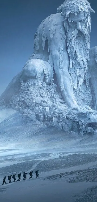 Moonlit icy figure with explorers on snowy landscape.