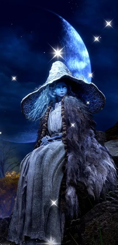 Mystical sorceress sits under a moonlit sky in enchanting fantasy art.