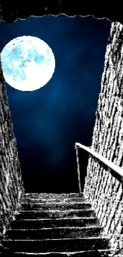 Mystical stairway under a full moon in a starry night sky.