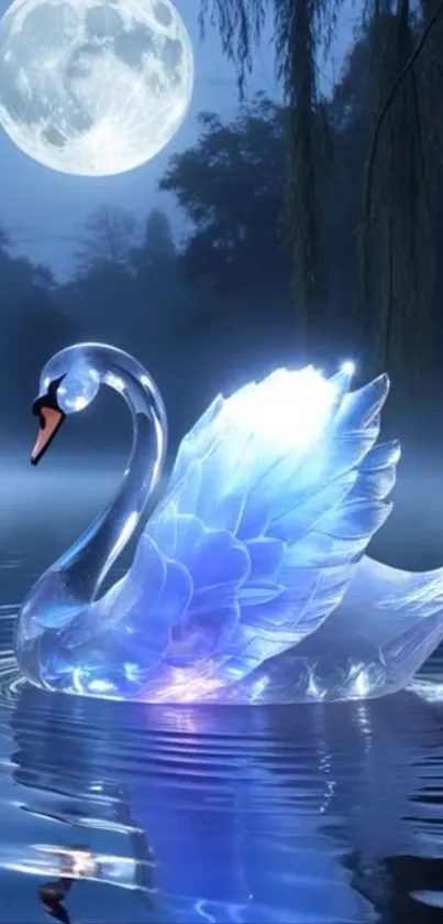 A luminous swan glows under a full moon over a serene lake.